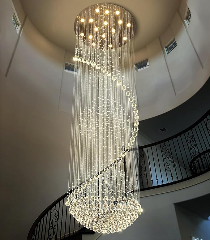 D40'' x H120'' Crystal Chandelier High Ceiling Chandeliers for Staircaes Large Raindrop Chandeliers LED Dimmable Flush Mount Light Fixtures for Foyer Hallway Entryway LED Bulbs Included Silver