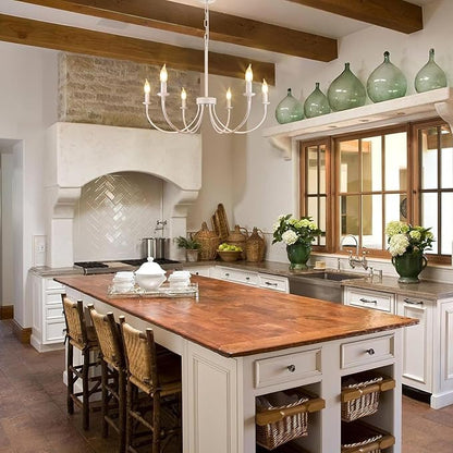 French Country Chandelier, 6-Light Antique White Farmhouse Chandelier for Dining Room Lighting Fixtures Hanging, Candle Hanging Pendant Lights for Kitchen Living Room Bedroom Foyer