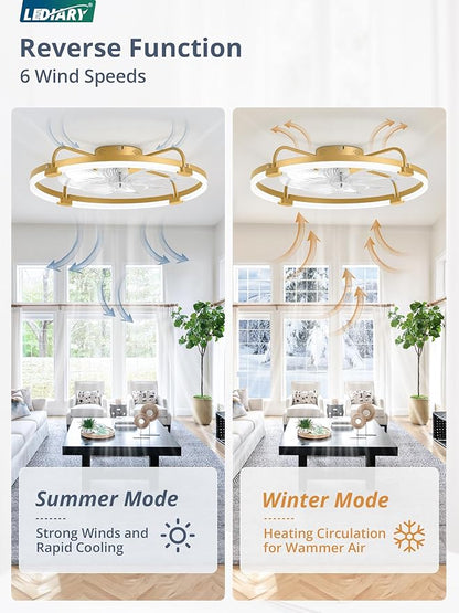 LEDIARY Ceiling Fans with Lights and Remote, 24'' Low Profile Ceiling Fan with Light, 3000-6000K Dimmable Fandelier LED Fan Light, 6 Wind Speeds, Gold Modern Flush Mount Ceiling Fan for Bedroom
