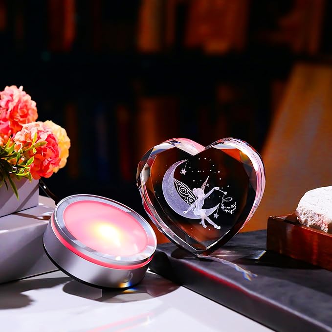 Qianwei Fairy Decor for Women 3D Crystal Heart - Laser Moon Gifts Glass Animals Fairy Lamp Figurines Statue Stuff for Room Decorations Night Light