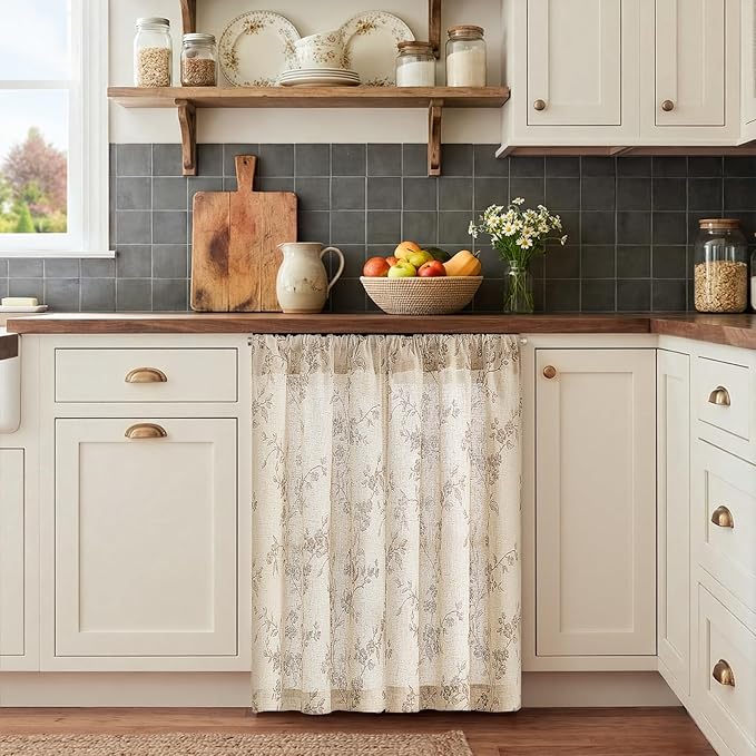 jinchan Floral Kitchen Curtains 36 Inch Linen Tier Curtains Farmhouse Cafe Half Window Drapes Over Sink Light Filtering for Living Room Laundry RV Rod Pocket 2 Panels Taupe on Beige