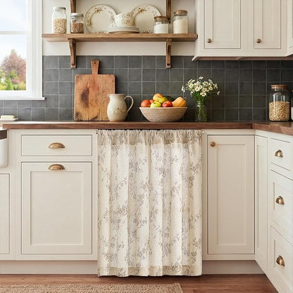 jinchan Floral Kitchen Curtains 36 Inch Linen Tier Curtains Farmhouse Cafe Half Window Drapes Over Sink Light Filtering for Living Room Laundry RV Rod Pocket 2 Panels Taupe on Beige