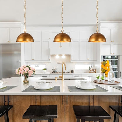 KSANA Pendant Light Kitchen Island, 10" Modern Gold Pendant Lighting Dome Shade Pendant Light Fixtures for Kitchen, Dining Room, Hallway, Brushed Antique Gold Finish