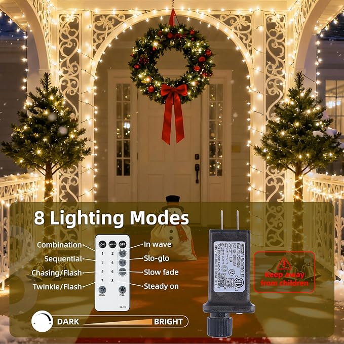 Fairy Lights Plug in 130Ft 2000LED Warm Christmas Wreath Twinkle Lights with Timer Remote Waterproof Firecracker Firefly Cluster String Light for Bedroom Graland Party Tree Decor Black Wire