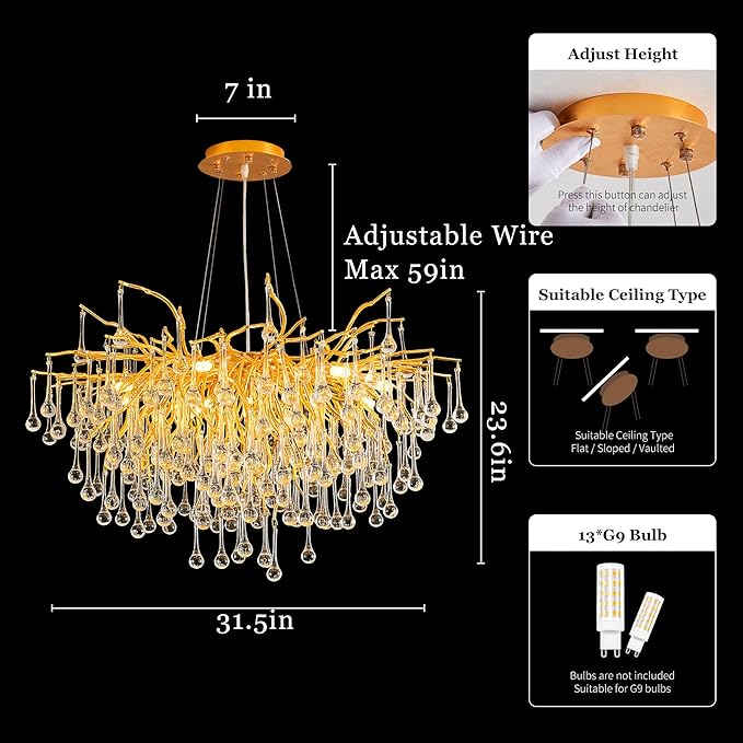 Modern Crystal Raindrop Chandelier, Gold Round Art Deco Tree Branch Lighting Fixture for Dining Room Living Room Foyer 13 Lights D31.5''