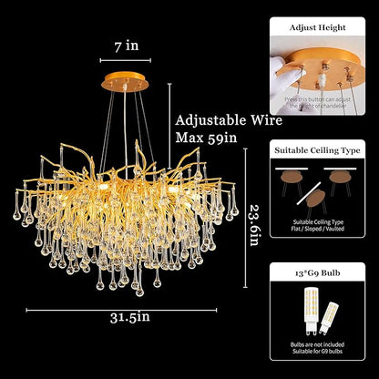 Modern Crystal Raindrop Chandelier, Gold Round Art Deco Tree Branch Lighting Fixture for Dining Room Living Room Foyer 13 Lights D31.5''