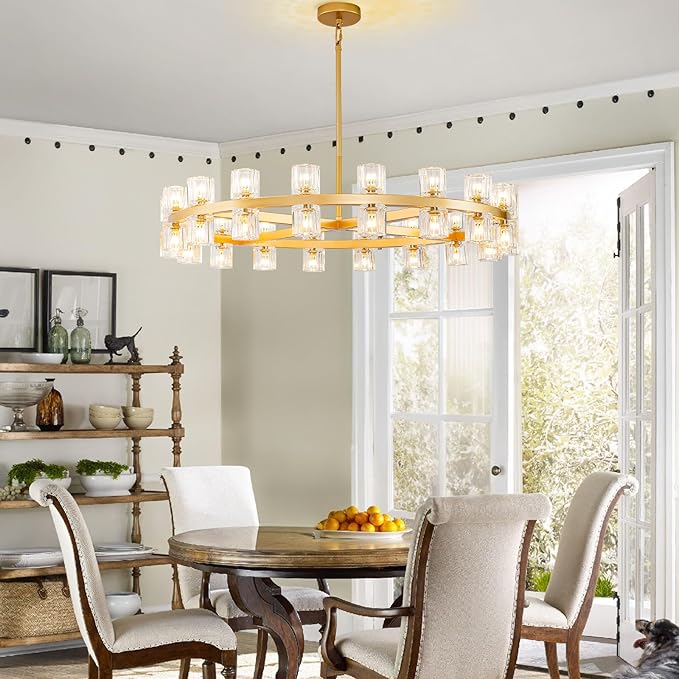 Modern 36" Gold Round Chandelier Light Fixture, K9 Crystal Chandeliers for Dining Room, Living Room, Dining Room Chandeliers Over Table, Chandelier for Bedroom, Foyer, Includes 36XG4 Bulbs