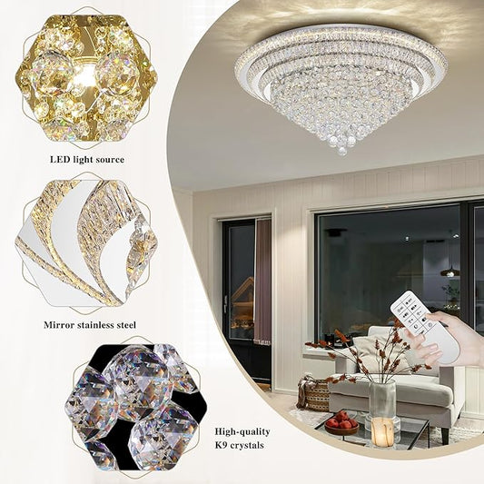 COCOSTAR 40" Crystal Chandeliers, Flush Mount Chandelier LED Ceiling Light, Modern Crystal Raindrop Chandeliers for Dining Room, Living Room, Bedroom