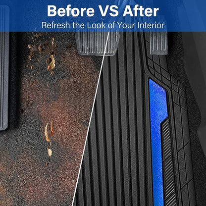 CAR PASS Heavy Duty Rubber Car Mats Metallic,Aluminum Film All Weather Floor Mats Waterproof Universal Trim to Fit Automotive SUV Sedan Van 4 Piece Anodized Deep Dish Two-Tone Sporty Black Blue Chrome