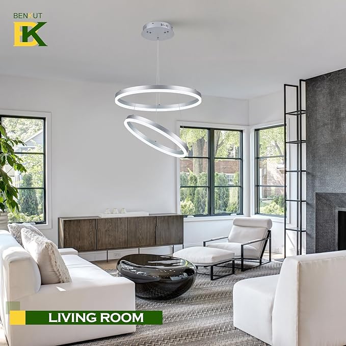 Benkut 2-Rings Modern LED Chandelier Silver for Dining Room, Circular Flush Mount Ceiling Chandelier Light Dimmable Pendant Light with Remote Control for Living Room Entrance Foyer, 3000K-6500K