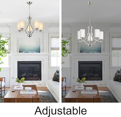 MELUCEE 5 Lights Chandeliers for Dining Room Traditional Chandelier Classic Pendant Light Brushed Nickel with Milky White Glass Shade, Mid Century Modern Chandelier for Kitchen Foyer Bedroom