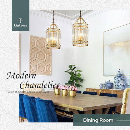 Modern Gold Pendant Island Light Fixtures for Kitchen, Luxury Elegant Crystal Small 4-Light Chandeliers for Dining Room, Industrial Cage Hanging Ceiling Lighting for Bedroom Foyer Hallway