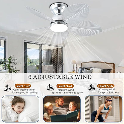 GJeg Tropical Ceiling Fans with Light, 38-inch Flush Mount Palm Leaf Ceiling Fans for Bedrooms, Indoors and Outdoors, Remote Control/APP Control, 6-Speed, Dimmable, Reversible,Chrome