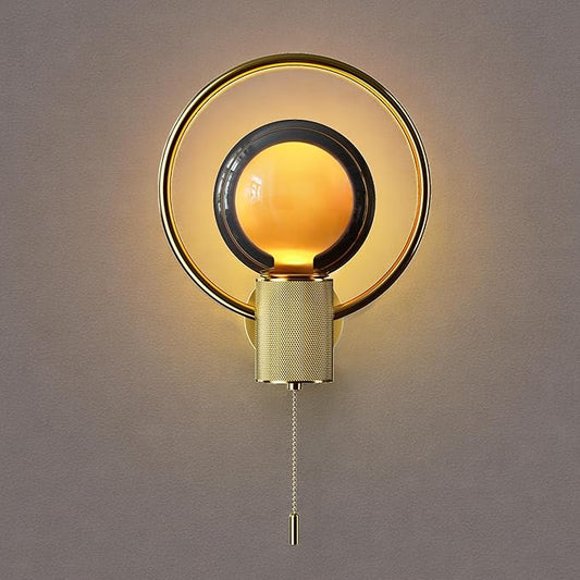 ALAMPEVER Modern Wall Sconce with Pull Chain, Metal Gold Wall Lights with G125 Glass Globe Bulb, Wall Mount Light for Enhancing Indoor Ambience in Bedroom, Living Room, and Hallway, 1 Pack