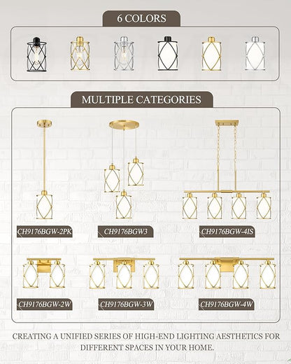 Brushed Gold Pendant Light Fixtures, 3-Light Dining Room Chandeliers with Frosted Glass, Modern Cluster Hanging Pendant Lighting for Kitchen Island Sink Bedroom, CH9176BGW3