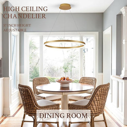 Modern LED Pendant Lighting 24'' Ring Chandelier Gold Dimmable LED Chandelier for Dining Room 36W Adjustable Pendant Light Fixture for Living Room Bedroom Home Office Foyer, 3000-6500K