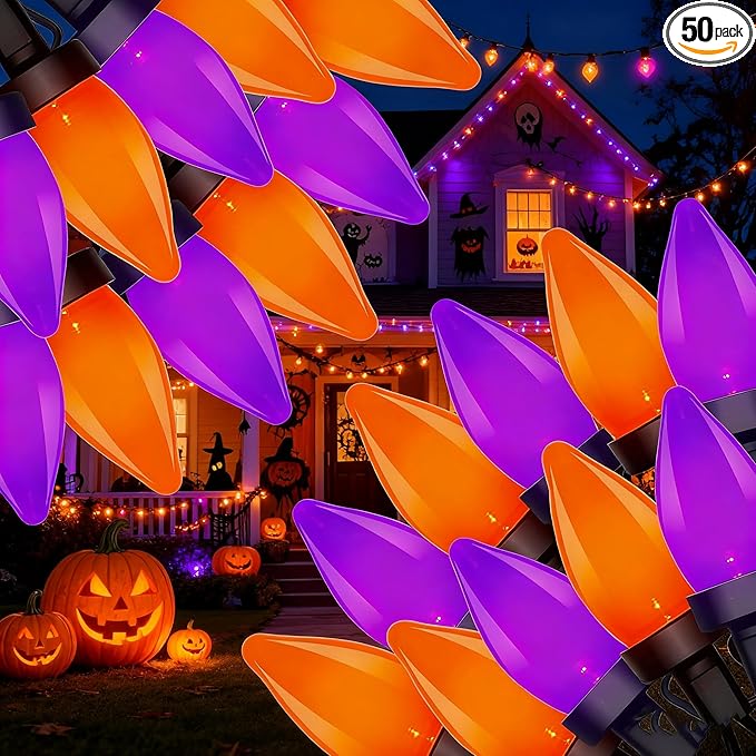 Abeja Halloween String Lights Outdoor, 26Ft C7 Purple and Orange String Lights with 50 LED Purple/Orange Ligths for Indoor/Outdoor Use, Halloween Decorations for Patio Home Party Garden Yard
