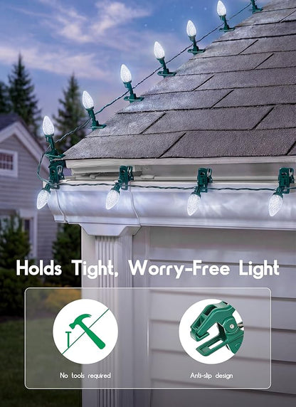 C9 LED Christmas Lights Outdoor, 68 Feet 100 LED Strawberry String Lights with 100 Spring Clamps, Commercial Grade Waterproof Extendable for Outside Roofline Patio Home Xmas Decoration, Pure White