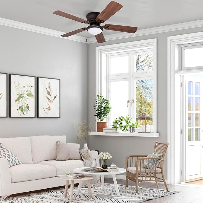 Prominence Home Benton Traditional 52 Inch Ceiling Fan with Light, LED Flush Mount Ceiling Fan, Indoor Fan with 5 Blades, Brown Walnut and Brown Maple Blade Finish Options, Bronze (51429-01)