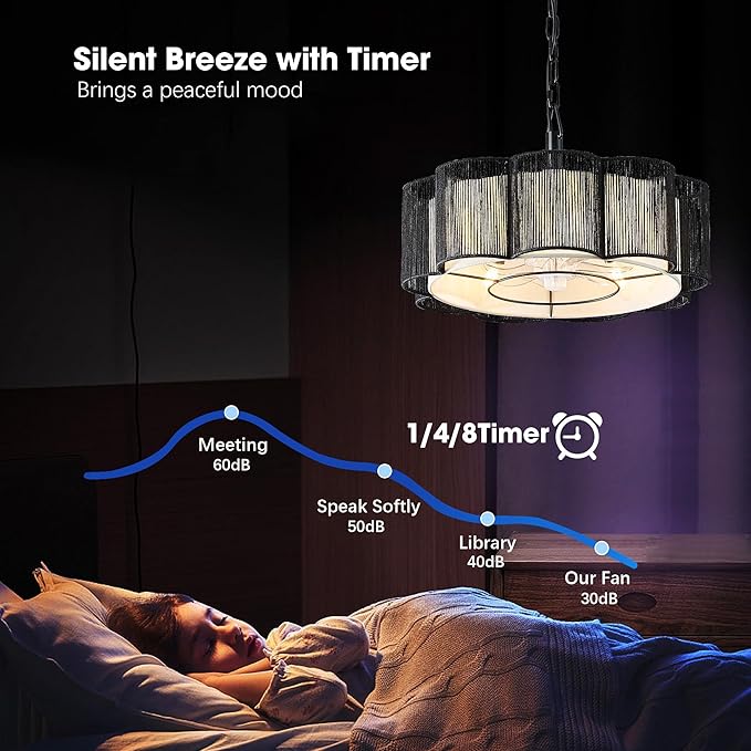 20" Rattan Ceiling Fan, 4-Lights Caged Fandelier Ceiling Fan with Remote and App Control, Drum Lampshade, Boho Chandelier with Fan for Dining Room, Bedroom, Kitchen (Black Farmhouse)
