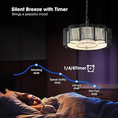 20" Rattan Ceiling Fan, 4-Lights Caged Fandelier Ceiling Fan with Remote and App Control, Drum Lampshade, Boho Chandelier with Fan for Dining Room, Bedroom, Kitchen (Black Farmhouse)