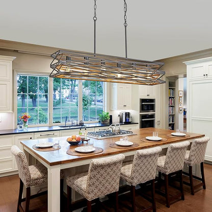40''Large Farmhouse Rectangular Chandeliers for Dining Room,6-Light Black Matte Dining Light Fixture,Modern Industrial Pendant Lights Kitchen Island,Linear Chandelier with Retro Wood Texture Interior