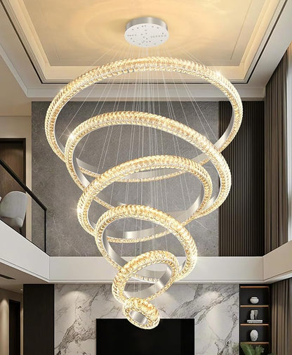 47" 6 Ring Crystal Chandelier Modern LED Dimmable Ring Pendant Light Chandelier for Dining Room Living Room Silver