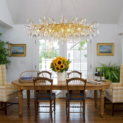 Crystal Chandeliers for Dining Room, L47.2 Gold Tree Branch Rectangular Chandelier, Dining Room Light Fixture 13-Light High Ceiling Lights, Modern Chandeliers for Foyer, Living Room