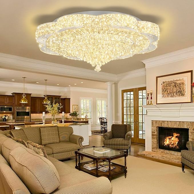 32in Modern Crystal handeliers for Living Room,Large Crystal Chandelier with Remote Control Flush Mount Chandeliers for Bedrooms Dining Room Dimmable 2700K-6000K