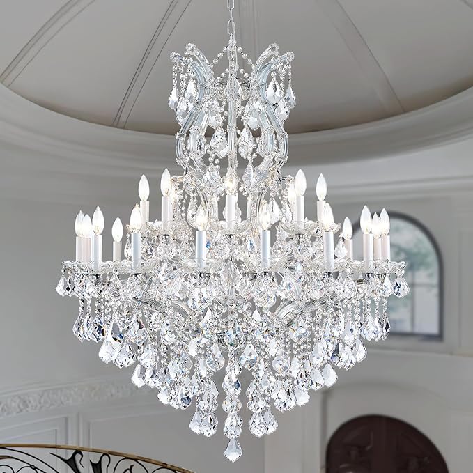 Large Crystal Chandeliers Light Fixture - 24 Lights High Ceiling Hanging Chandelier 2 Layers Maria Theresa Crystal Light Luxury Chandelier for Entryway, Staircase,Living Dining Room