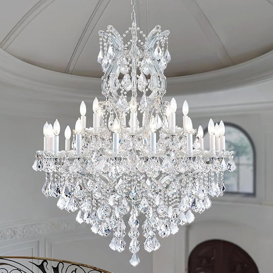 Large Crystal Chandeliers Light Fixture - 24 Lights High Ceiling Hanging Chandelier 2 Layers Maria Theresa Crystal Light Luxury Chandelier for Entryway, Staircase,Living Dining Room