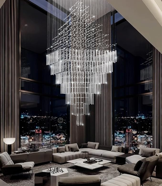 HAIXIANG W40 x H120 Glam Chandelier with LED Bulbs Square Chandeliers, Crystal Raindrop High Ceiling Pendant Light for Entrance Large Villa Foyer Lighting Fixtures Gold