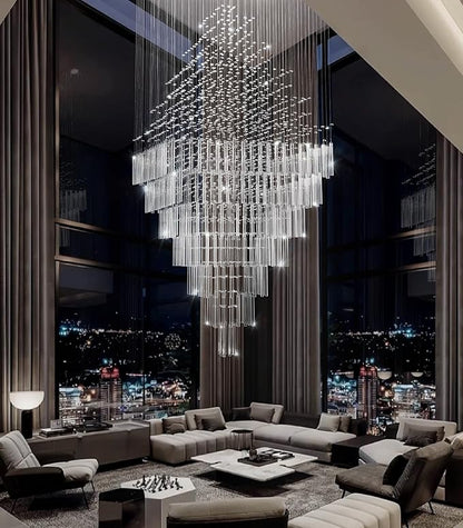 HAIXIANG W40 x H120 Glam Chandelier with LED Bulbs Square Chandeliers, Crystal Raindrop High Ceiling Pendant Light for Entrance Large Villa Foyer Lighting Fixtures Gold
