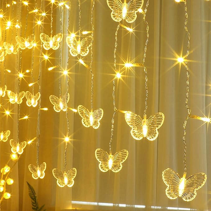 Butterfly Curtain Lights, 13ft 96 LED USB Window Fairy Lights 16 Butterflies 8 Modes Firefly Twinkle Timer String Lights with Remote for Room Bedroom Wall Ceiling Party Wedding Christmas