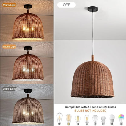 17" Farmhouse Rattan Chandelier 3-Lights Boho Wicker Pendant Lights Hand Woven Bamboo Dining Room Light Coastal Hanging Lighting Fixture for Living Room Kitchen Island Bedroom eRestaurant Foyer