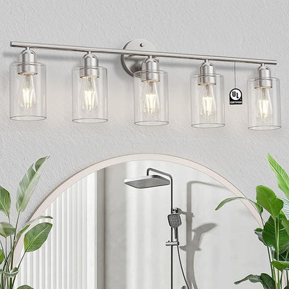 Bathroom Vanity Light Fixtures Brushed Nickel Bathroom Lighting Fixture, 5 Lights Bathroom Light Fixture Over Mirror, Modern Black Vanity Light, Wall Sconces with Glass Shades