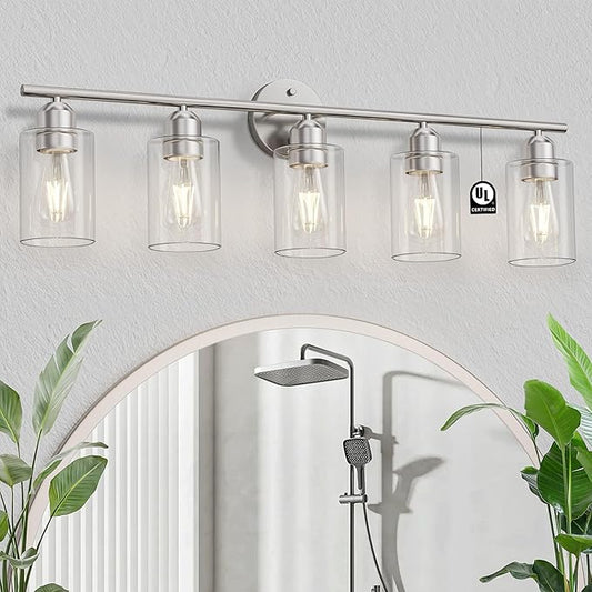 Bathroom Vanity Light Fixtures Brushed Nickel Bathroom Lighting Fixture, 5 Lights Bathroom Light Fixture Over Mirror, Modern Black Vanity Light, Wall Sconces with Glass Shades