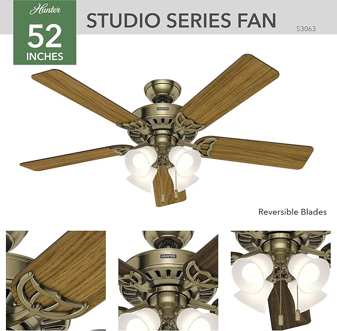 Hunter 52 inch Indoor Ceiling Fan with LED Lights and Pull Chain - Brass Ceiling Fan, Standard Mount, 5 Blades, For Bedroom, Living Room, or Kitchen, Quiet - Studio Series 53063, Antique Brass