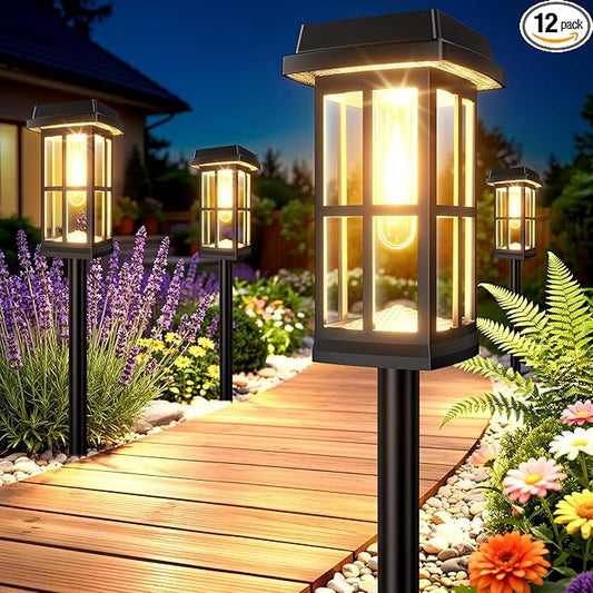 Ahaorigin 12 Pack Solar Pathway Lights Outdoor, 2 Ligting Mode Waterproof Solar Lights Outdoor, Brighter Up to 15 Hrs Sturdy Metal Poles Outdoor Path Light for Yard Walkway Driveway Sidewalk Garden
