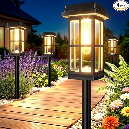 Ahaorigin 4 Pack Solar Pathway Lights Outdoor, 2 Ligting Mode Waterproof Solar Lights Outdoor, Brighter Up to 15 Hrs Sturdy Metal Poles Outdoor Path Light for Yard Walkway Driveway Sidewalk Garden