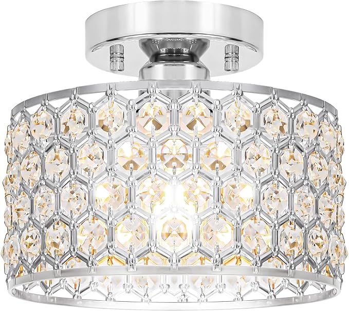 Lxybcce Chrome Crystal Ceiling Light Fixture - Modern Semi Flush Mount Ceiling Chandelier Lighting for Hallway, Kitchen & Foyer | Dazzling Prism Chandelier with Easy Installation,1 Light, 9 in