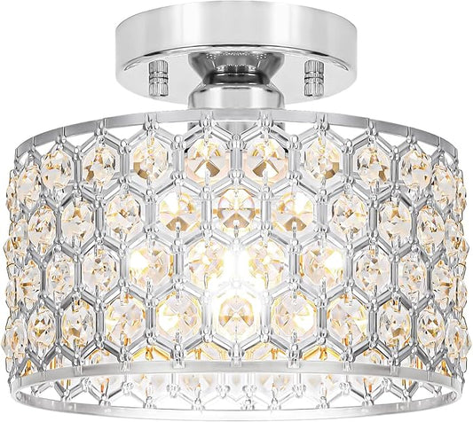 Lxybcce Chrome Crystal Ceiling Light Fixture - Modern Semi Flush Mount Ceiling Chandelier Lighting for Hallway, Kitchen & Foyer | Dazzling Prism Chandelier with Easy Installation,1 Light, 9 in