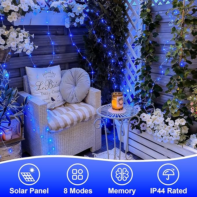 QITONG Solar Fairy Lights Outdoor Waterproof, 2 Pack Each 66ft 200 LED Blue Christmas String Lights, Silver Wire Twinkle Mini Lights with 8 Modes