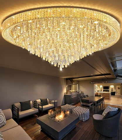 53.7" Modern Crystal Big Large Chandeliers LED Dimmable Flush Mount Ceiling Chandeliers for Living Room High Ceiling Entrance Foyer Lobby Bedroom Gold