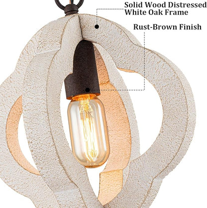 9.84" Modern Farmhouse Wood Pendant Lights Kitchen Island Small Orb Distressed White Oak Pendant Light Rustic Ceiling Hanging Light for Kitchen Over Sink Hallway Entryway Foyer Adjustable Chain E26