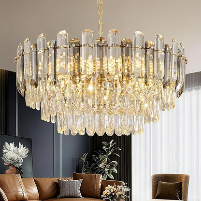 Gold Crystal Chandelier 24" 12-Light 4-Tier K9 Crystal Round Adjustable Pendant Light Modern Crystal Chandeliers for Dining Room Living Room Kitchen Island Bedroom Foyer Entryway