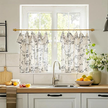 jinchan Floral Linen Kitchen Curtains with Attached Valance 24 Inch Length Farmhouse Cafe Tier Curtains for Living Room Bathroom Rustic Half Window Light Filtering Small Drapes 2 Panels Black