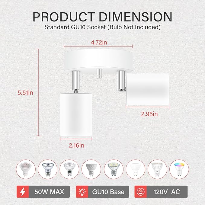 AUQUEE LED 2 Light Track Lighting Kit, LED Track Lighting Fixtures, White Round Ceiling Spot Lighting, Flexibly Rotatable Light Head for Kitchen, Living Room, Bedroom, GU10 Bulb Not Included