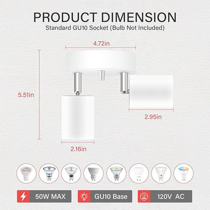 AUQUEE LED 2 Light Track Lighting Kit, LED Track Lighting Fixtures, White Round Ceiling Spot Lighting, Flexibly Rotatable Light Head for Kitchen, Living Room, Bedroom, GU10 Bulb Not Included