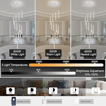 12-Lights Bubble Chandelier for Entryway High Ceiling-137 Height Adjustable Crystal Chandelier,3 Color Temperature Dimmable LED Pendant Light Fixture for Foyer Living Room Staircase,Chrome